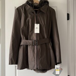 NWT 7 For All Mankind Faux-Fur Lined Belted Coat in Olive Green – Size Medium